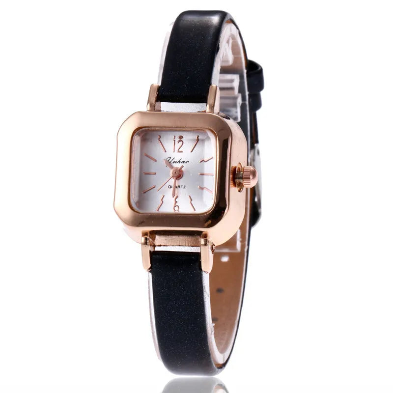 Retro style women's fashion watch with 10mm alloy case in black, white, pink, or brown.