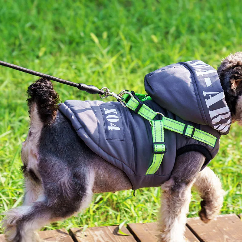 Fleece-lined waterproof dog jacket with hood in red, grey, blue or black colours