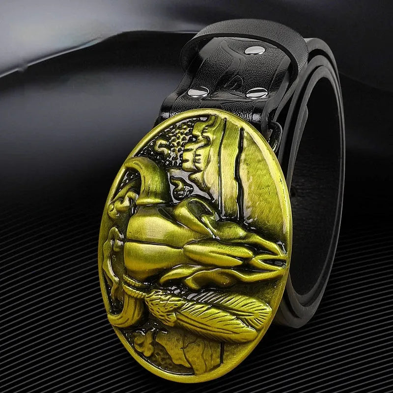Men's imitation leather belt with electroplated cow head alloy buckle, 125 cm length