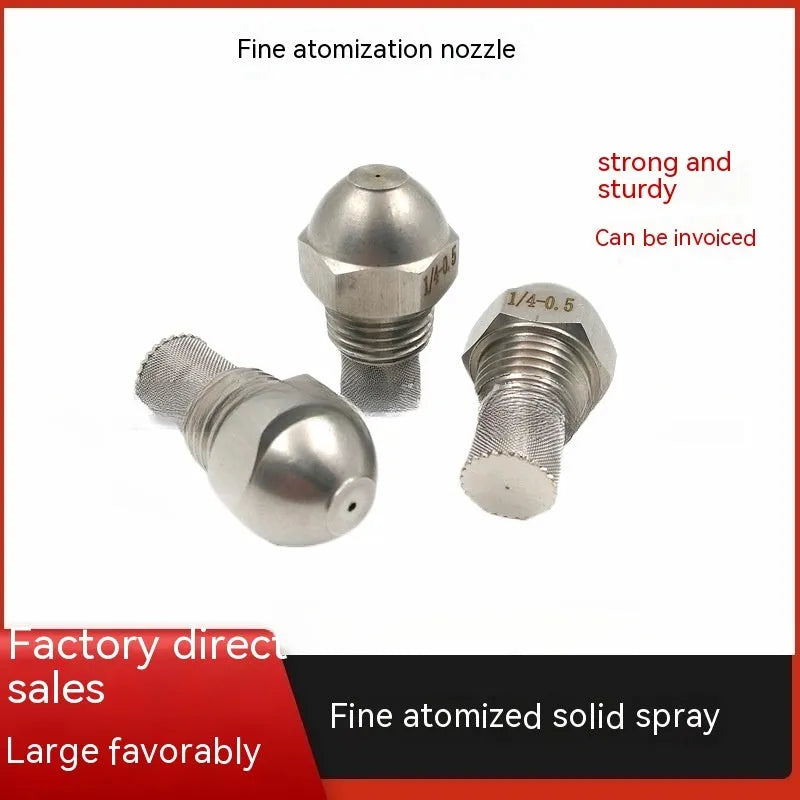 304 stainless steel two-point industrial spray nozzle with external thread and filter screen for atomisation.