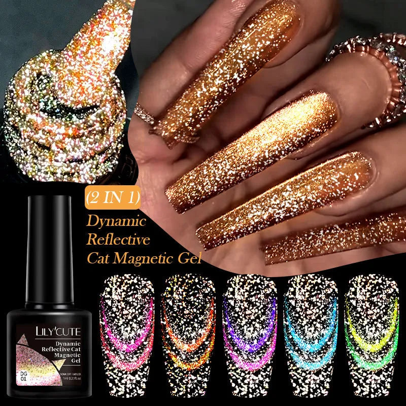 Cat eye series gel nail polish bottles showing six colour variations with diamond glitter fragments