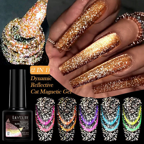 Cat eye series gel nail polish bottles showing six colour variations with diamond glitter fragments