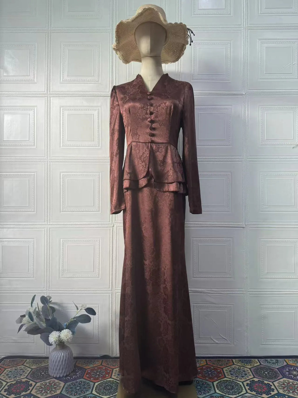 Dark brown women's retro dress with long sleeves, a fake two-piece design, and a floral pattern.