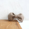 Pet leash and bow set in coffee grid polyester, available in sizes XS to XL