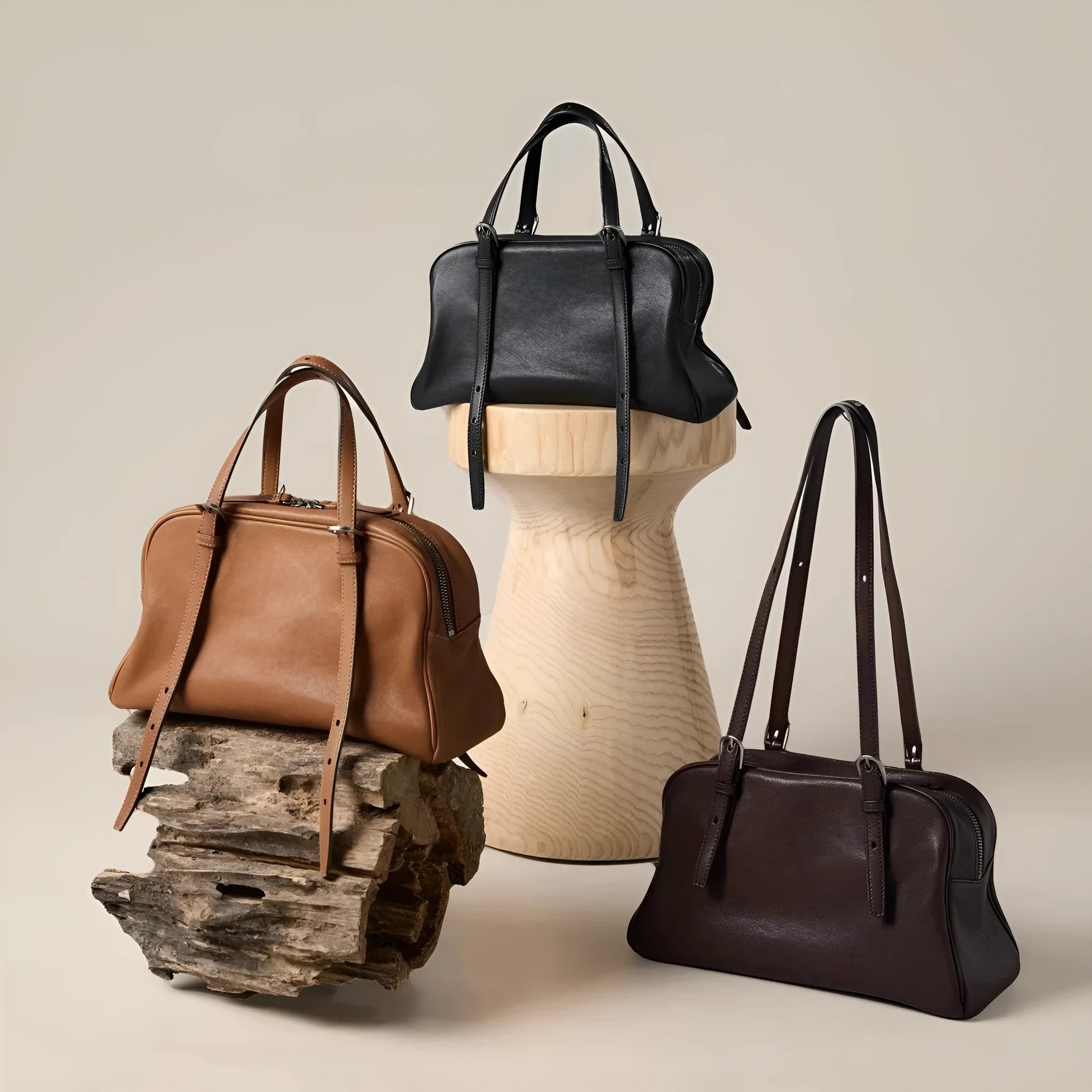 Women's genuine leather retro shoulder bag in horizontal square shape with double joint straps