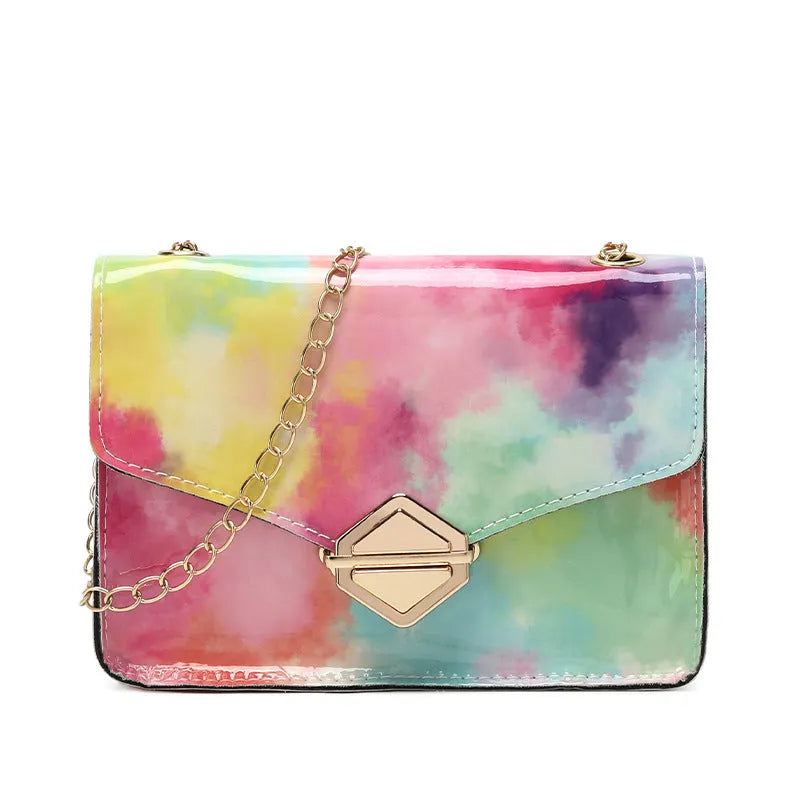 Rainbow Cloud Mist chain bag in light gray, clamshell opening, horizontal square shape, snake chain detail