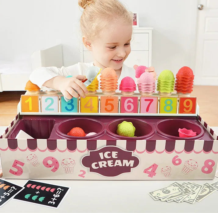 Ice cream math kitchen toy set with colourful wooden sign and plastic machine for children role play
