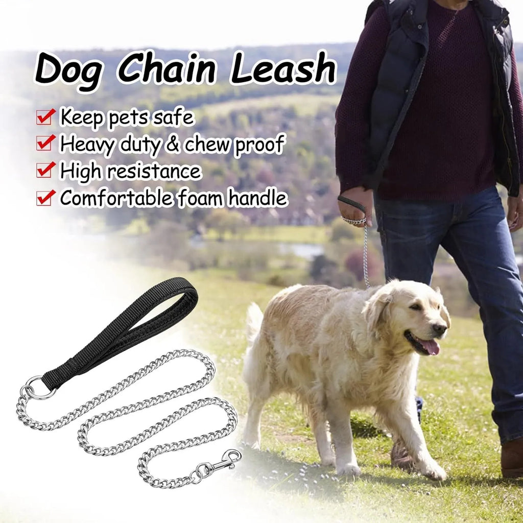 Heavy duty metal dog leash chain with soft black padded handle, shown in red.