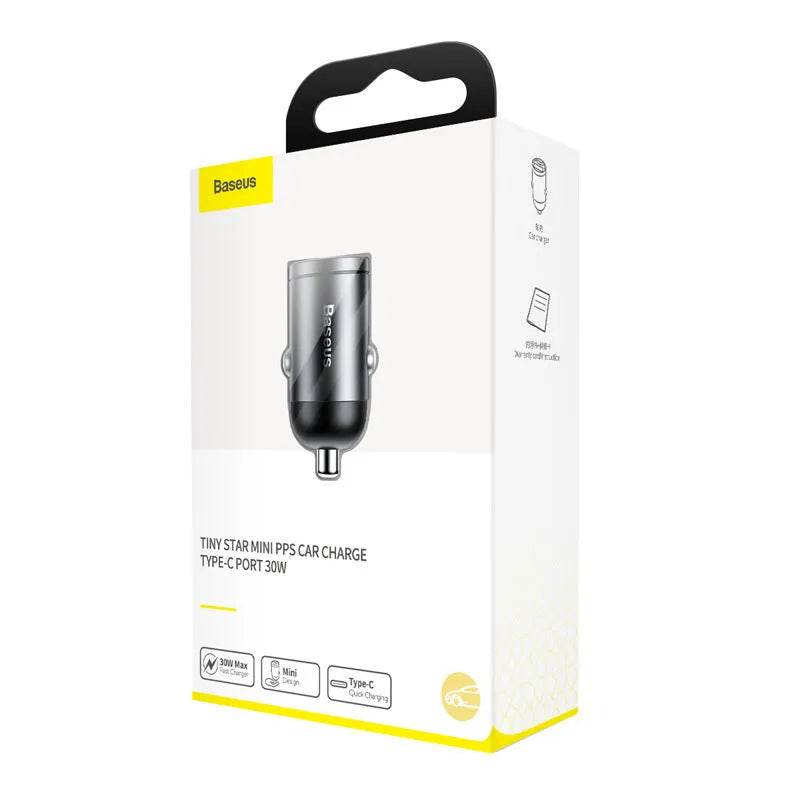 Baseus electro-optical grey 30W PPS fast charge mini car charger with 1 metre USB cable