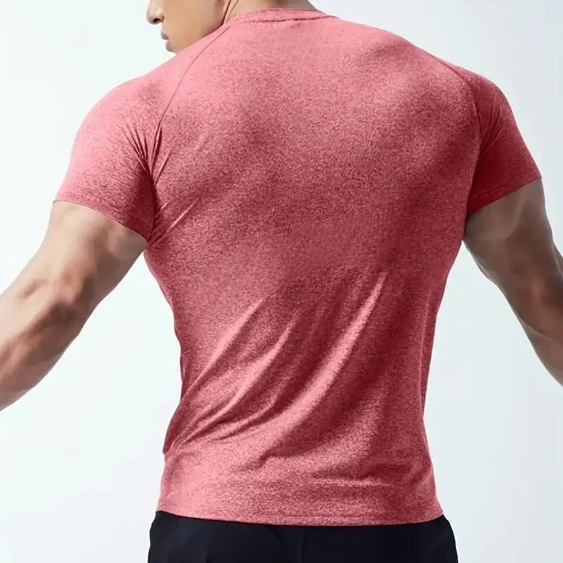 Men's black stretch quick-drying short sleeve polyester t-shirt for running.