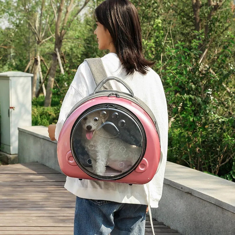 Transparent space capsule cat carrier bag with hard PC canvas shell and coloured front cover