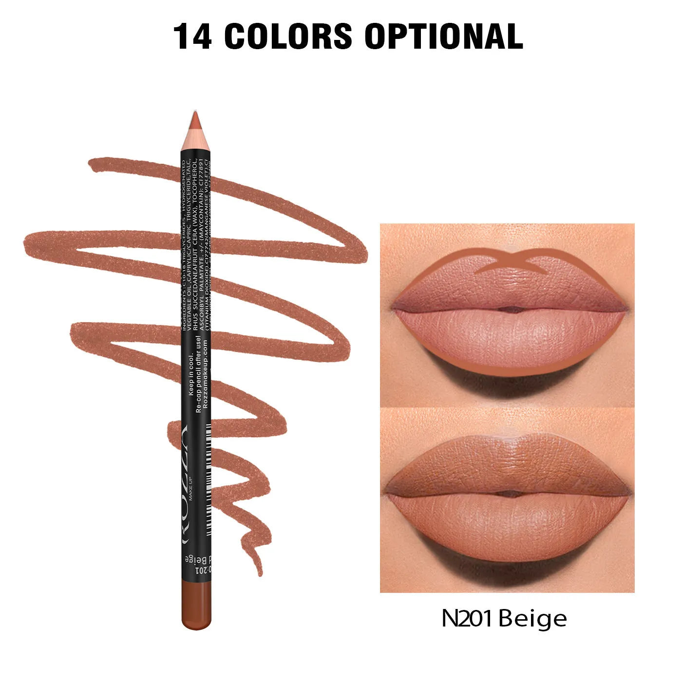 Matte finish lip liner pencil in wood casing with colour options 201 to 214 for 24-hour wear