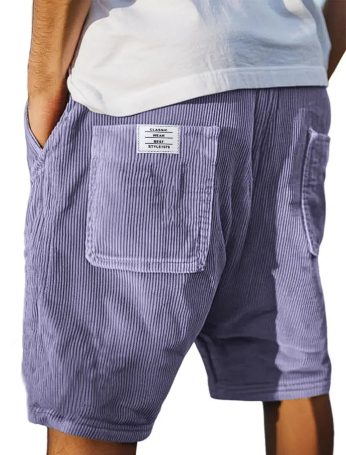 Men's grey straight-leg corduroy shorts with multiple pockets and embroidery detail on a hanger.
