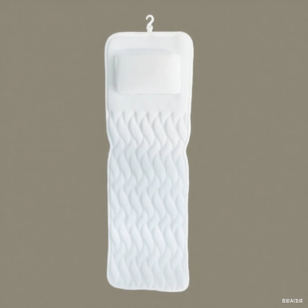 White luxury bathtub pillow with textured 3D material and seven large suction cups on the back.
