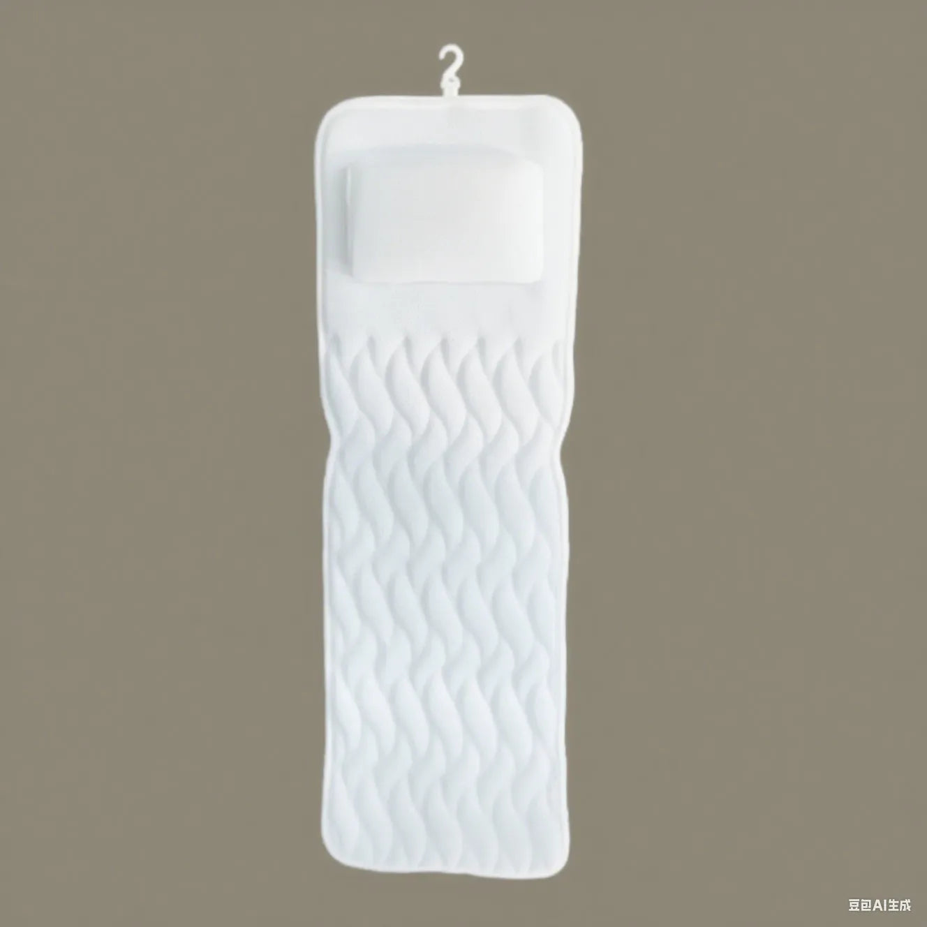 White luxury bathtub pillow with textured 3D material and seven large suction cups on the back.
