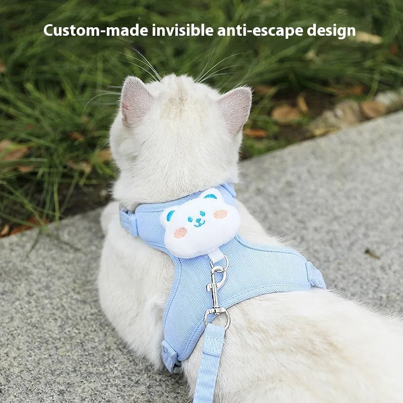 Adjustable corduroy cat walking rope with chest strap, blue bear colour, 1.2m length