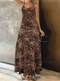 Women's dark brown leopard print sleeveless dress with round neck and adjustable shoulder straps