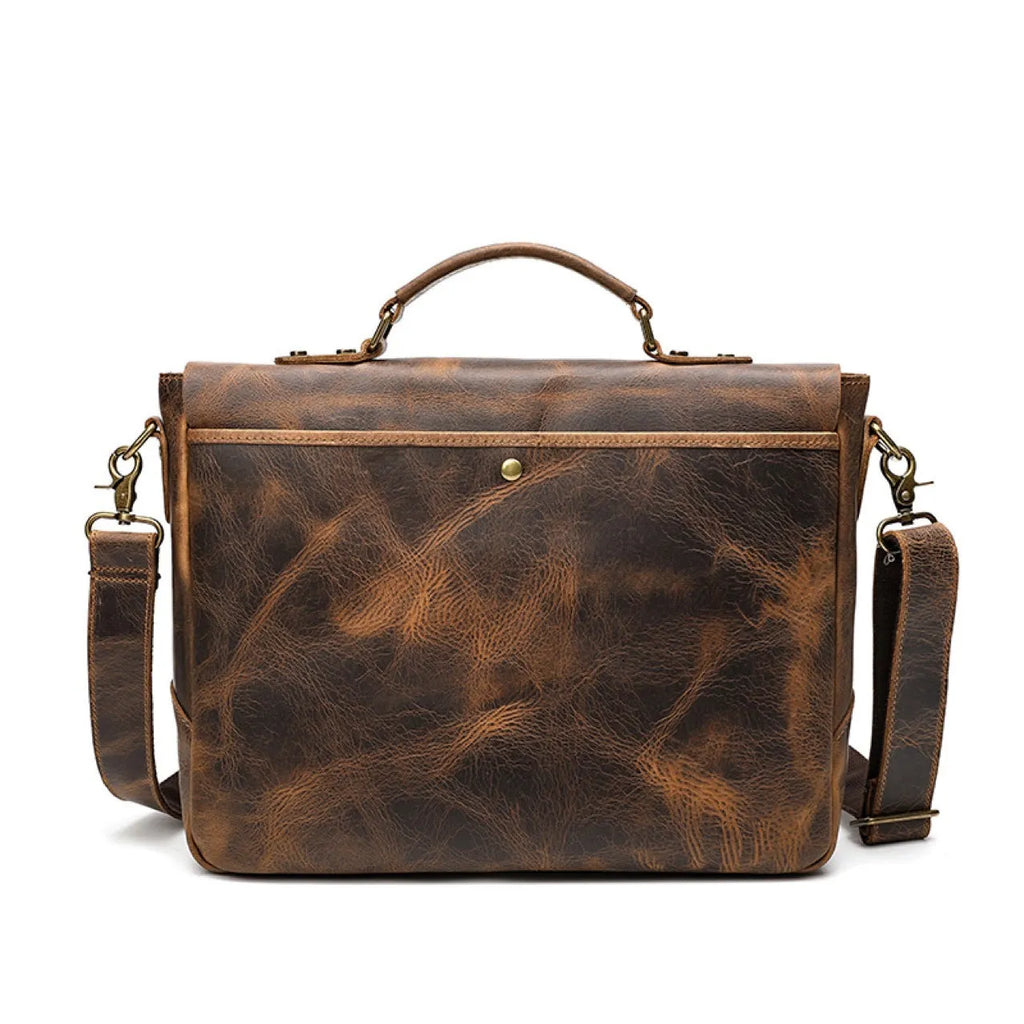 Leather portable mens briefcase satchel in light brown with soft handle and horizontal shape