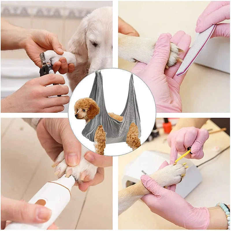 Pet grooming hammock harness in pink with double-layer flannel fabric and reinforced grommets, showing a dog suspended comfortably