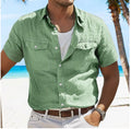 Men's grey cotton linen summer shirt with polo collar and long sleeves in loose cardigan style