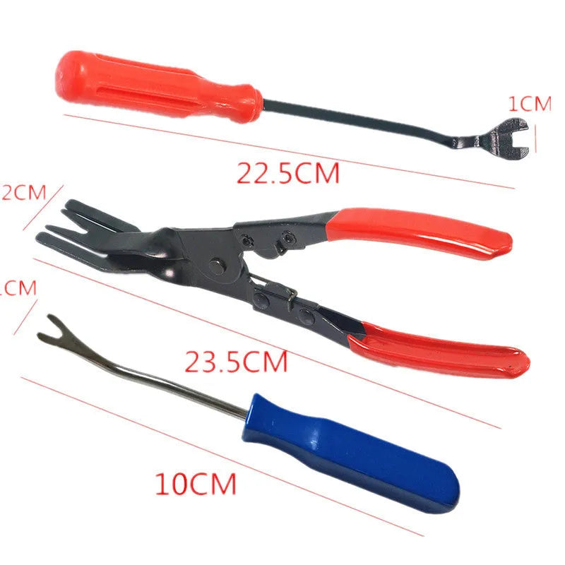 Red handle automotive clip driver tool for General Motors door panel nailing with light switch pliers