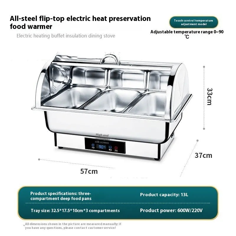 Stainless steel transparent flip buffet stove with LCD temperature control showing multiple grid configurations