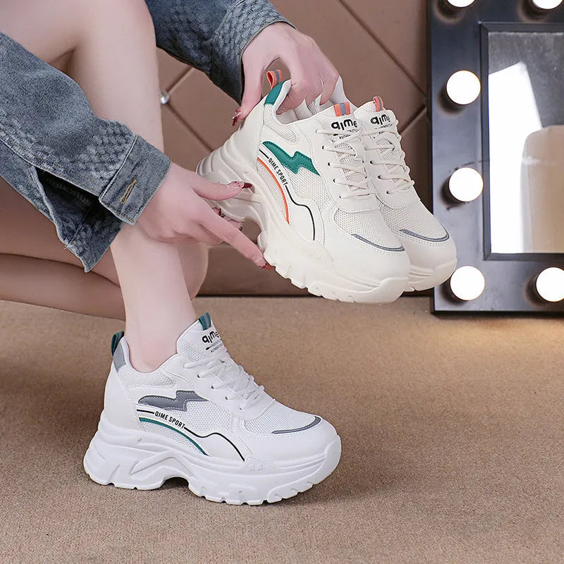 Women's white breathable dad shoes with height-increasing insole and cross shoulder straps