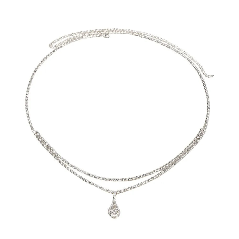 Gold rhinestone water drop pendant waist chain with lobster clasp, 115cm length