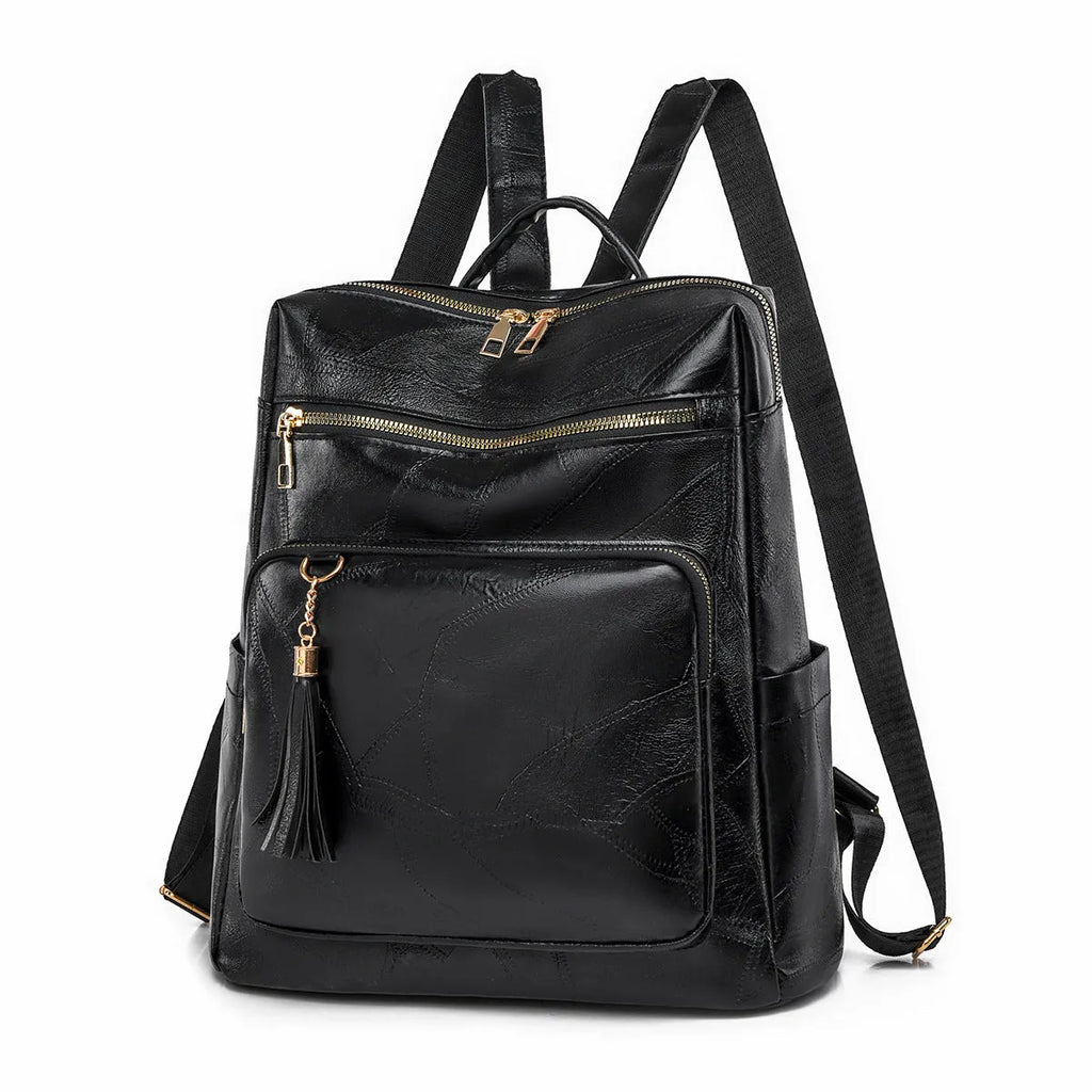 Women's large-capacity retro fashion backpack in white with plaid pattern and soft PU construction