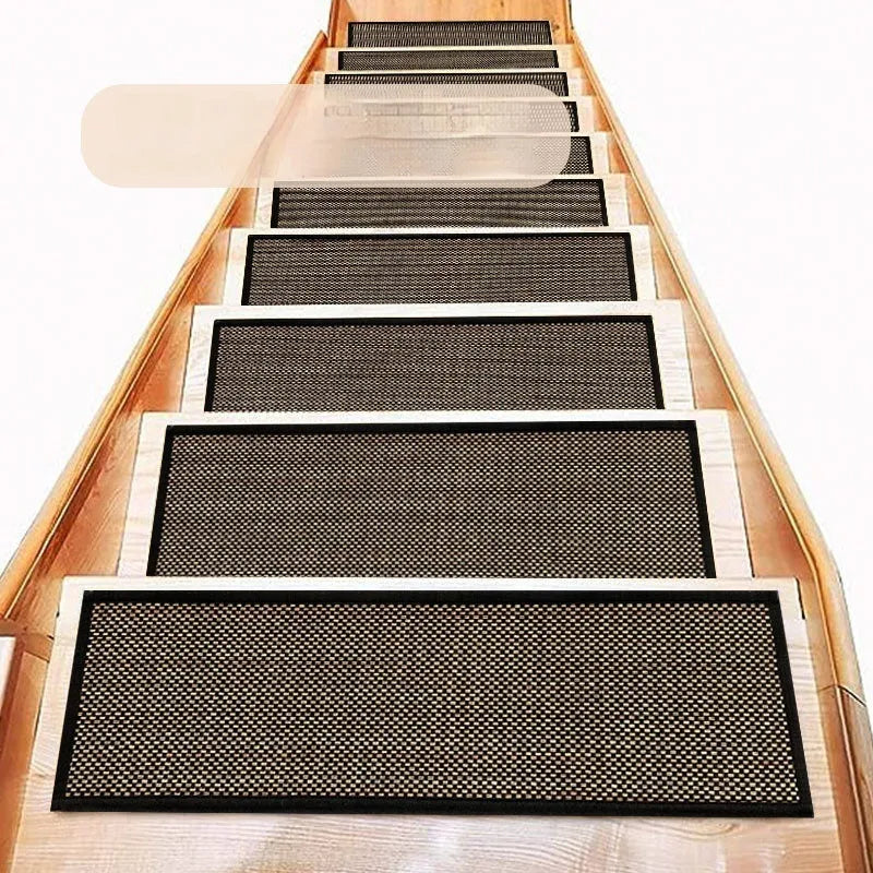 Japanese-style linen stair mat in camel colour with rubber bottom, 20cm by 76cm size