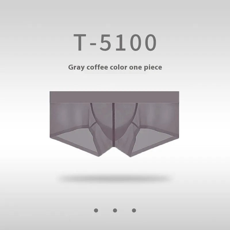Men's low waist seamless underwear in sheer ice silk nylon fabric, shown in multiple colours.