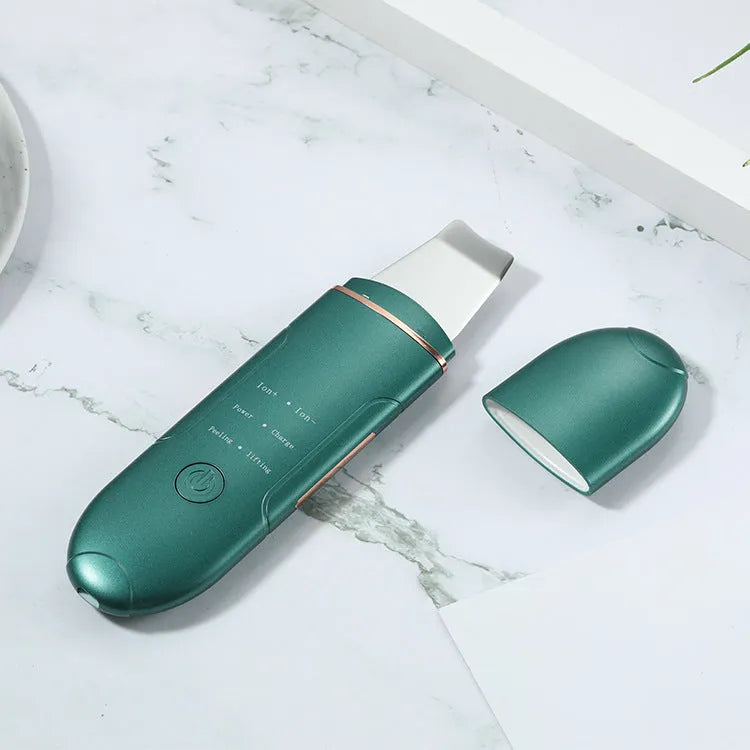 Ultrasonic skin rejuvenation whitening shoveling machine in dark green with shovel knife on white background