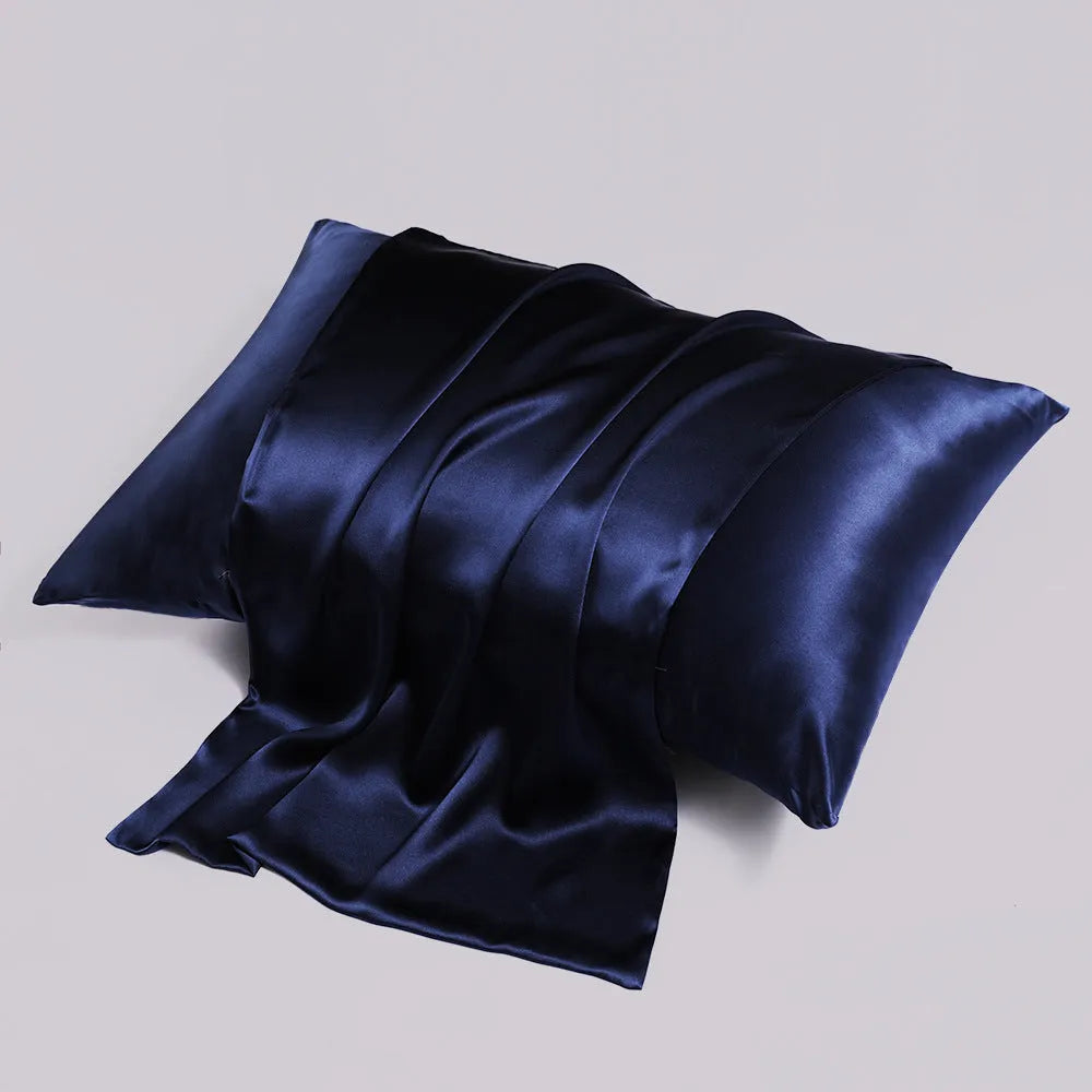 Double-sided silk pillowcase with concealed zip in baby blue colour showing size options
