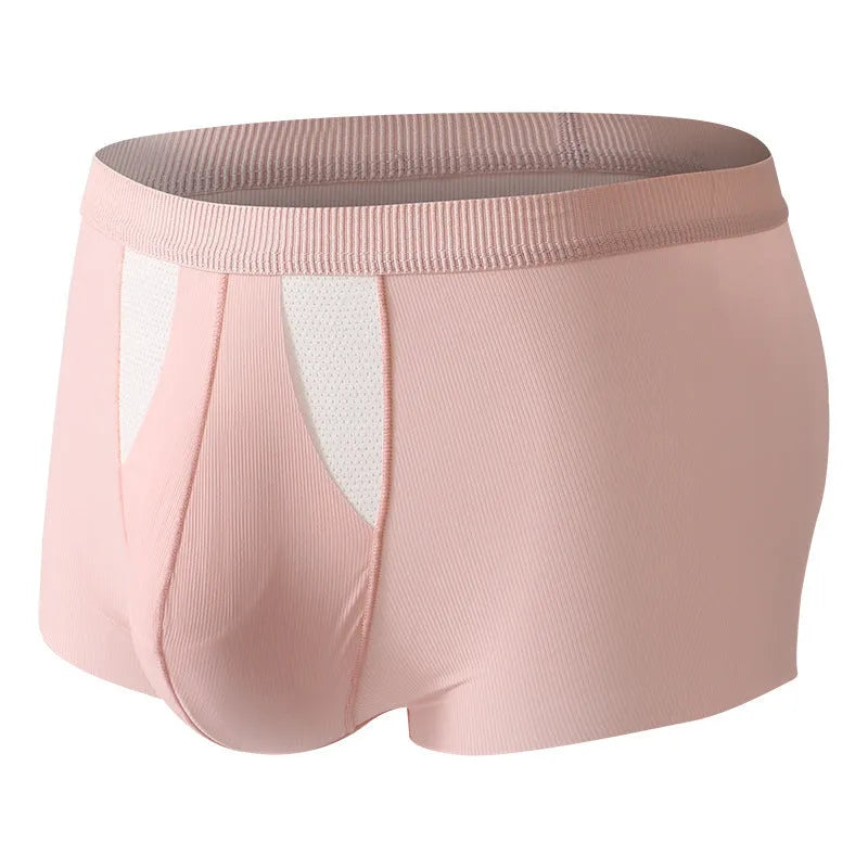 Men's black and grey ice silk double-layer underwear shorts showing the hole bag design for moisture separation.