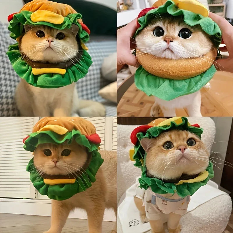 Cat wearing burger-themed headdress collar with adjustable polyester construction