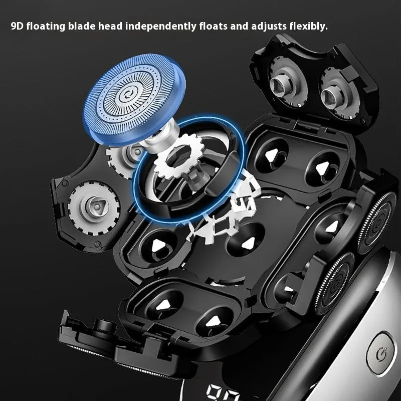 Black rechargeable hair clipper kit with multiple attachments including shaver, nose trimmer, and combs