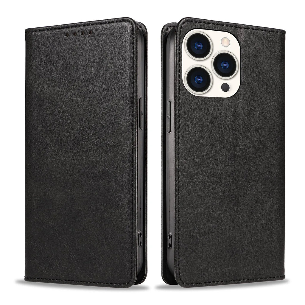 Faux leather magnetic flip phone case in brown with built-in bracket, compatible with iPhone
