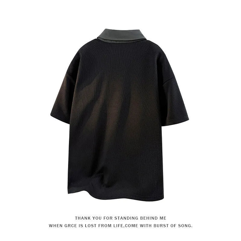 Men's black padded Henry collar polo shirt sweater with short sleeves