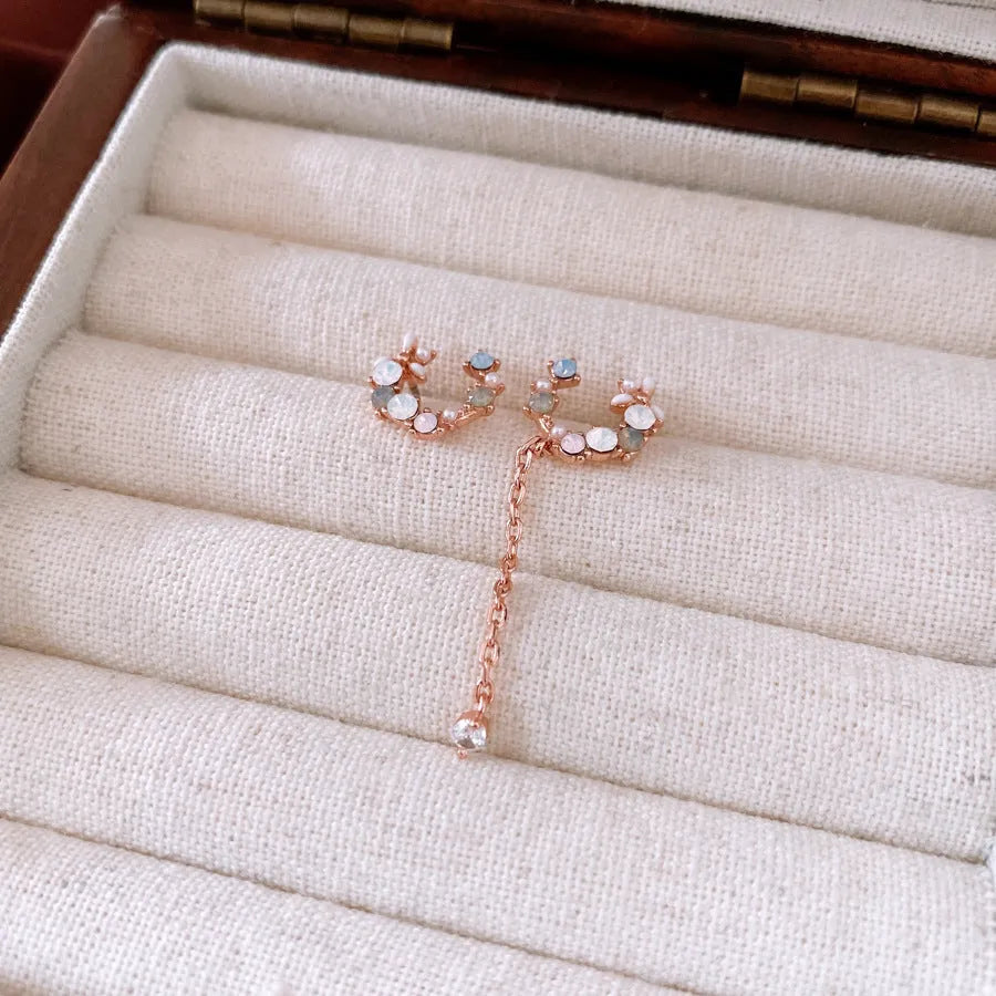 French style light luxury silver needle zircon flower drop earrings in rose gold on copper base