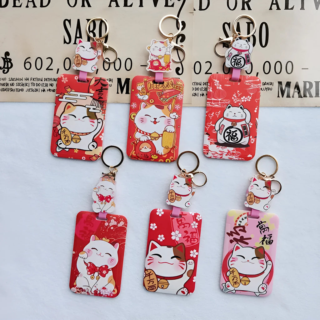 Cartoon lucky cat design plastic certificate sleeve and matching ferrule pendant set.