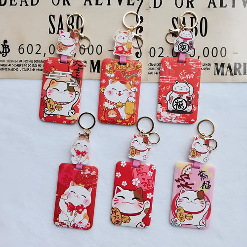 Cartoon lucky cat design plastic certificate sleeve and matching ferrule pendant set.