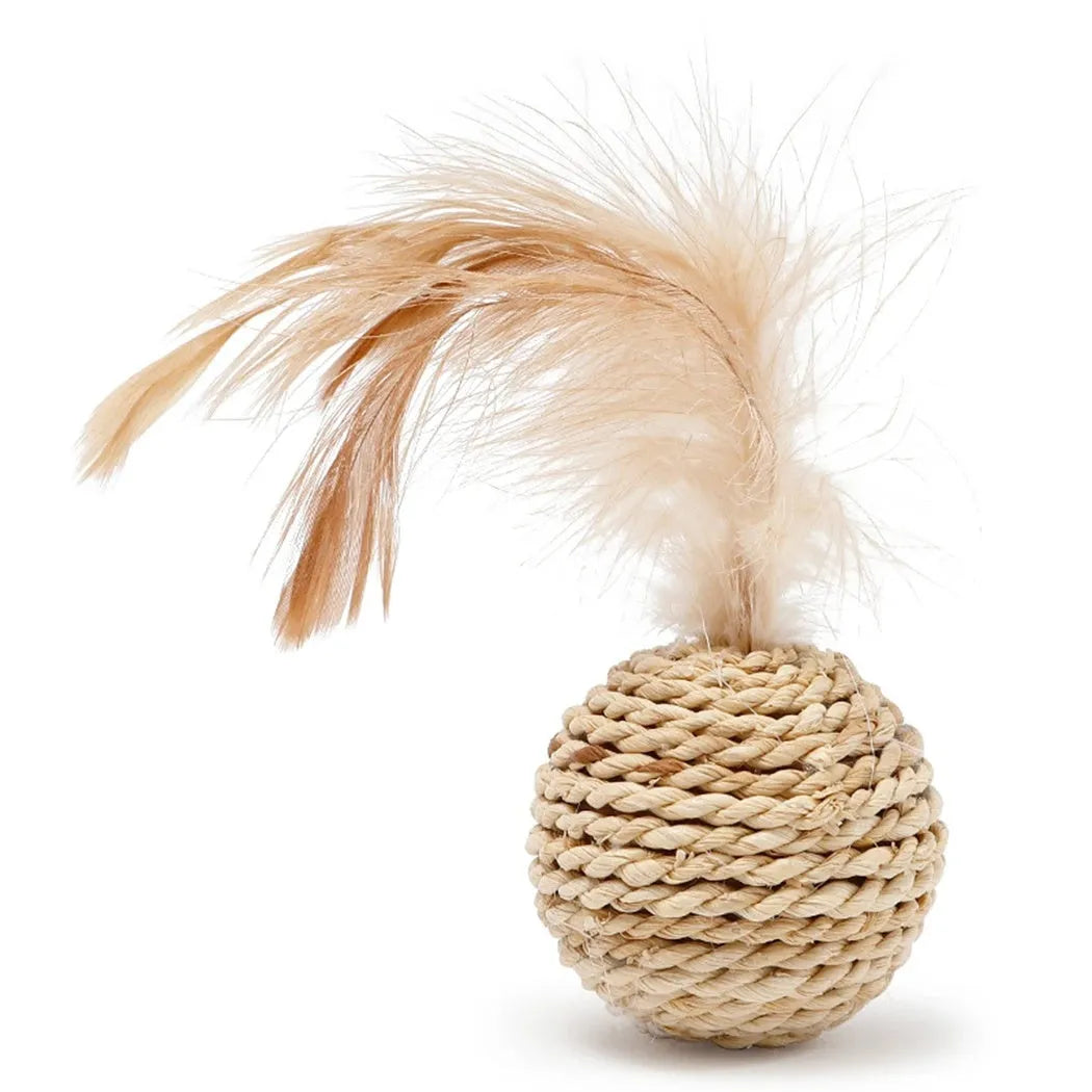 Two cat toys: a natural rattan ball and a colourful faux feather ball with a bell on a white background.