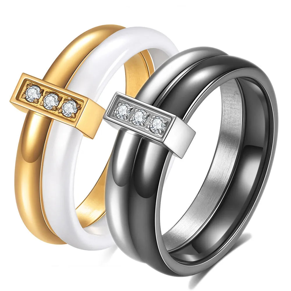 Women's ceramic ring with glossy stitching detail in steel black colour on size 8 finger