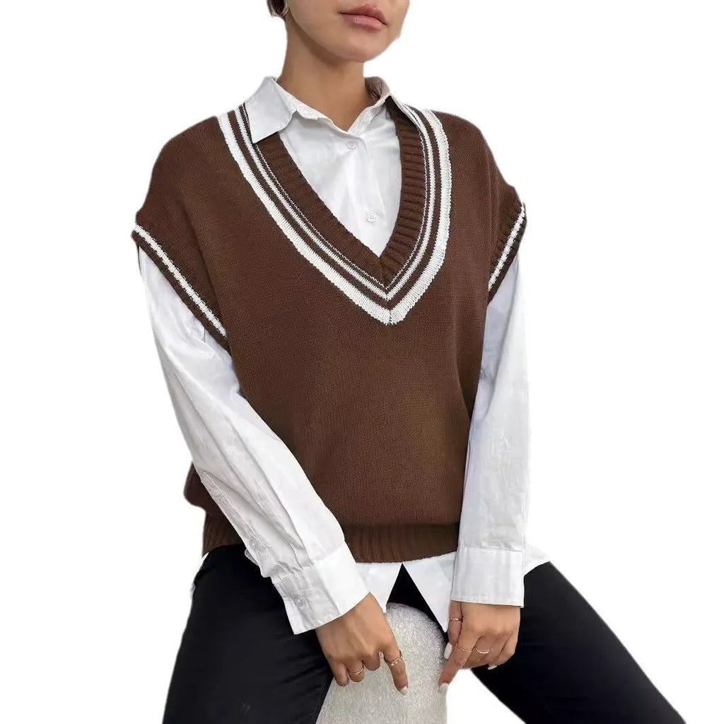 Women's college style vest sweater in acrylic polyester blend fabric, loose fit, available in black blue coffee colours