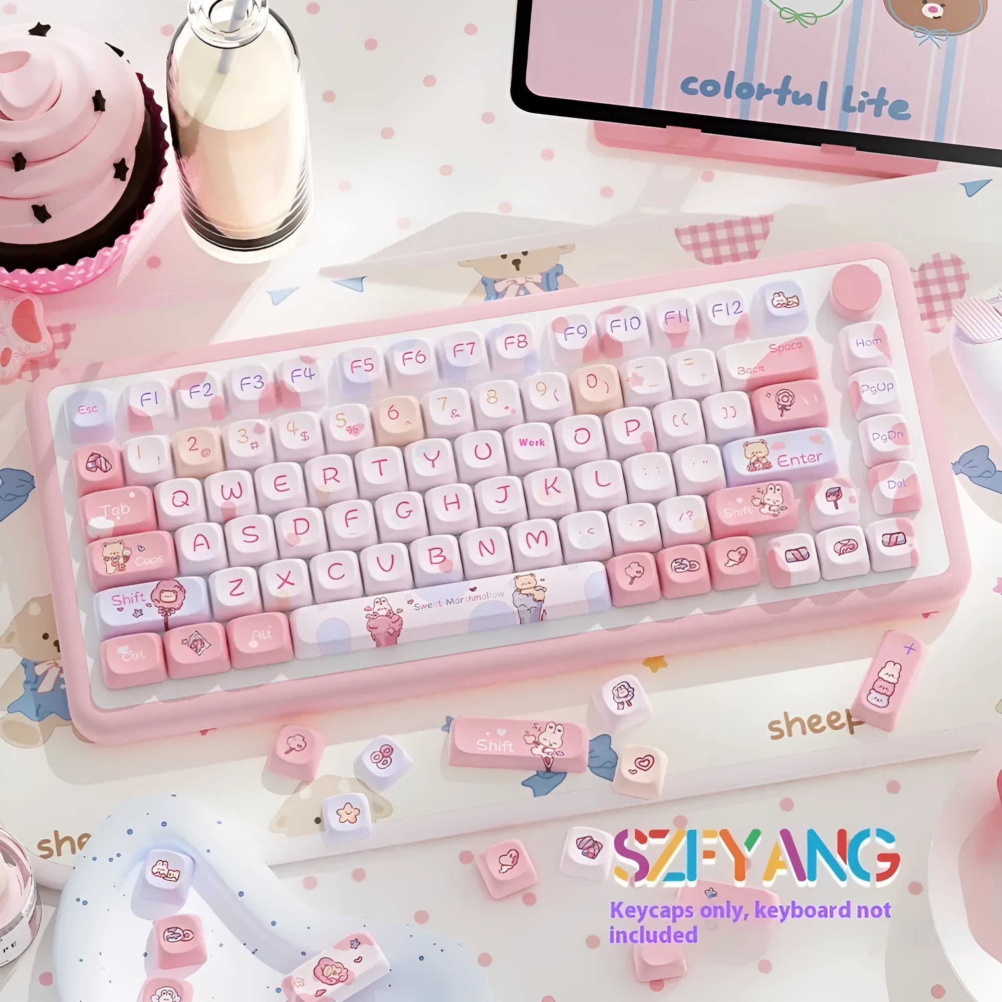 Sweet cotton candy coloured mechanical keyboard keycaps in 112-key and 120-key configuration options