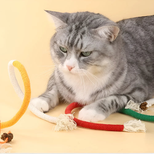 Cat bite rope toy in traffic lights colour with cotton thread and teaser stick for interactive play