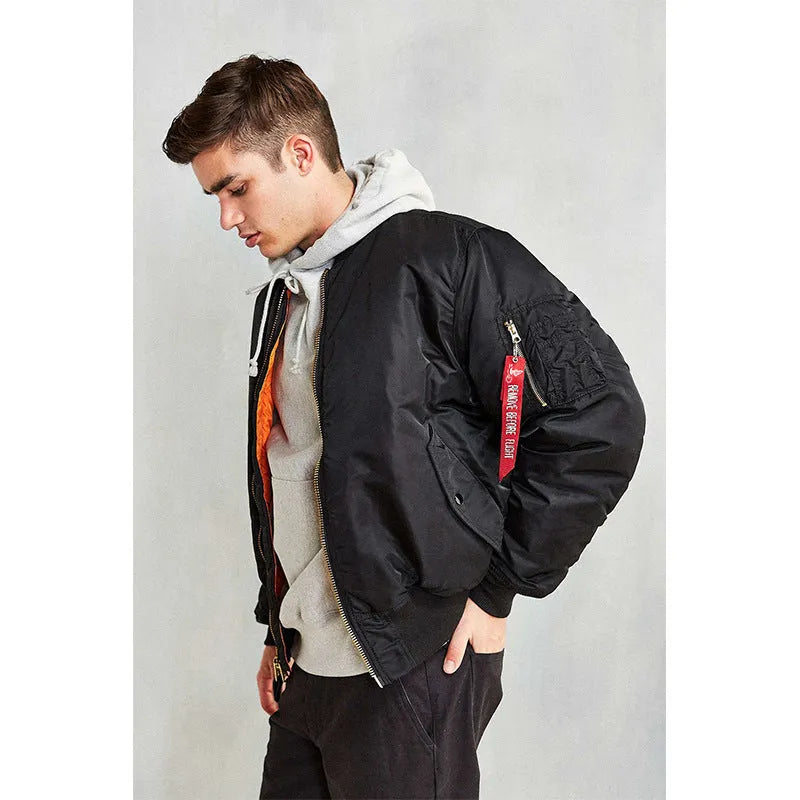 Men's army green loose-fit cotton-padded pilot jacket with double-sided wear-resistant nylon construction.