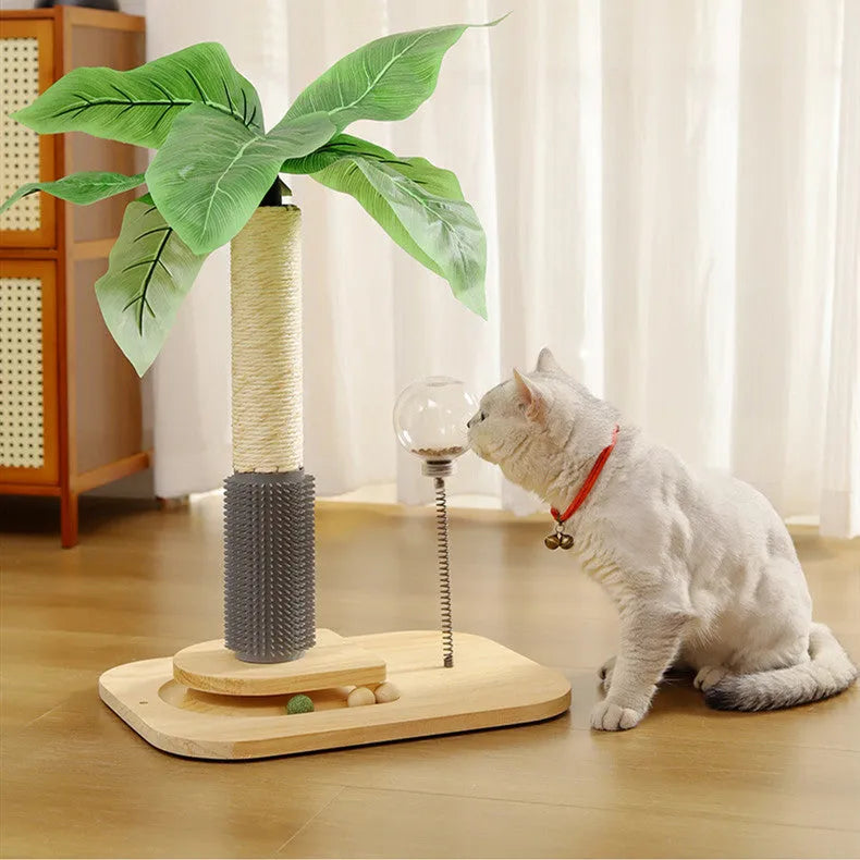 Vertical wooden cat scratching post with canna-coloured column and food drop ball feature