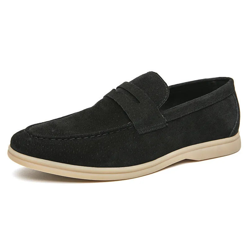 Men's leather slip-on casual shoe in beige with round toe and rubber sole