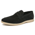 Men's leather slip-on casual shoe in beige with round toe and rubber sole